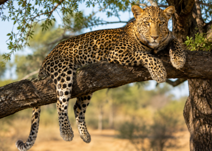 Leopard draped across tree branch