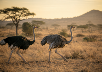 Two ostriches walking across savanna